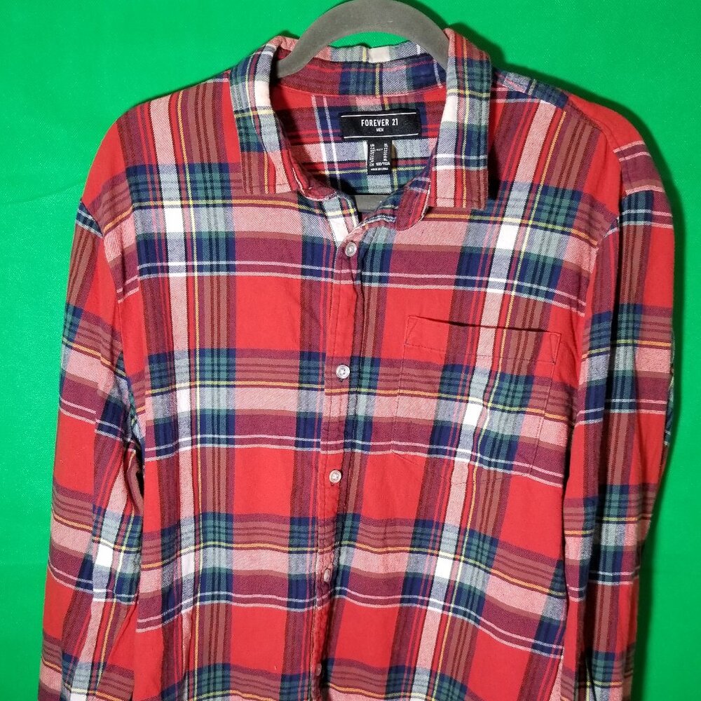 Forever 21 Mens XL‎ Red Plaid Flannel Long Sleeve Grunge Camping Hiking Biker